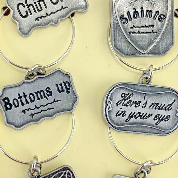 Past Times Wine Charms Set of 6 Silver Tone Metal Wit and Wisdom New in Box - Picture 10 of 12